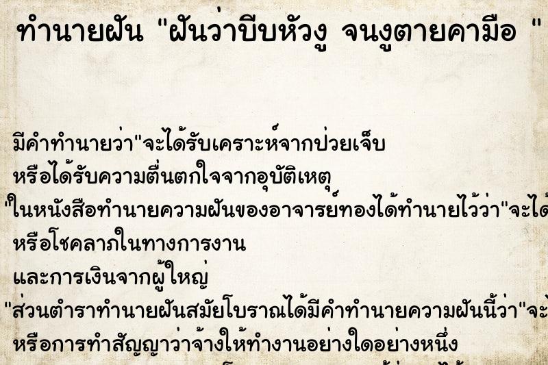 ทำนายฝัน ฝันว่าบีบหัวงู จนงูตายคามือ 